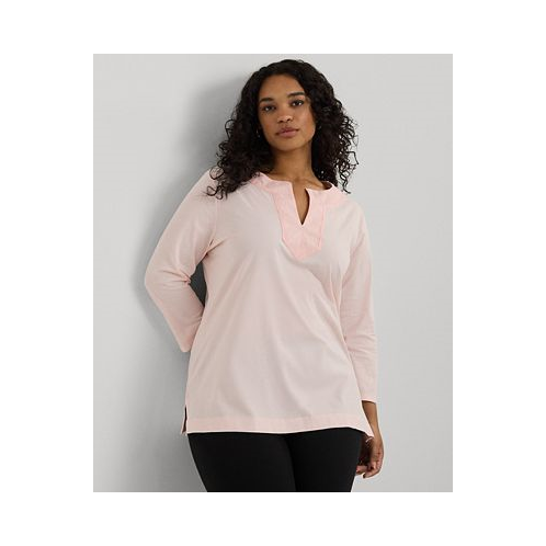 POLO Ralph Lauren Womens Plus Size Split-Neck Three-Quarter Sleeve Cotton Tunic