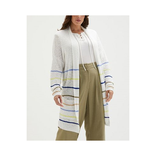 ELLA Rafaella Plus Size Cotton-Linen Blend Striped Cardigan Sweater