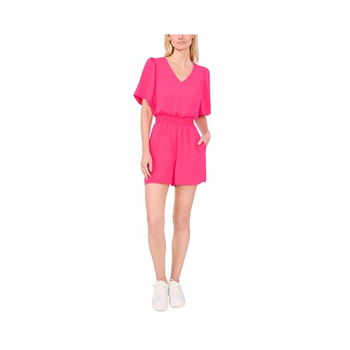 CeCe Womens Flutter-Sleeve V-Neck Smocked Romper