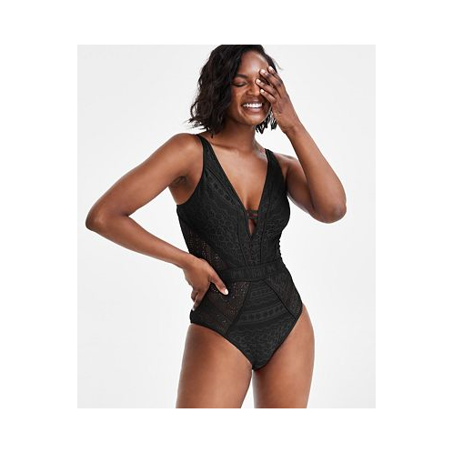 Becca Womens Crochet Plunging One-Piece Keyhole Swimsuit