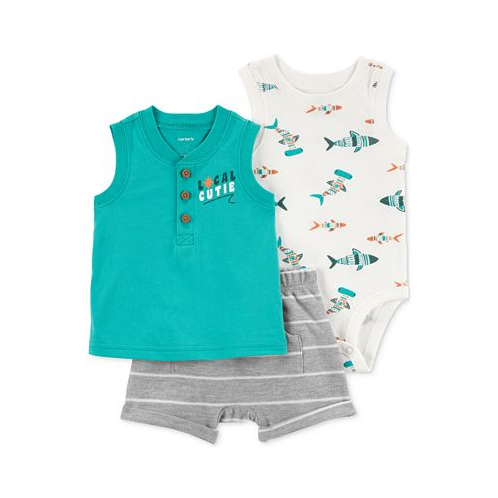 Carters Baby Boys 3-Pc. Fish Little Sleeveless T-Shirt Bodysuit & Stripe Shorts Set