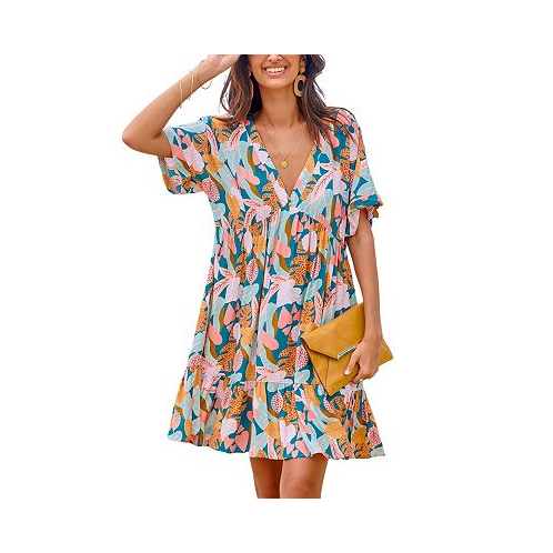 CUPSHE Womens Soft Tropics Short Sleeve Mini Beach Dress