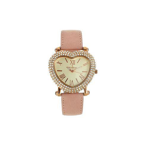 Peugeot Womens Heart Shaped Rose Gold Crystal Watch with Pink Suede Strap