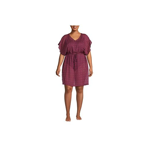 Lands End Plus Size Sheer Over d Short Sleeve Gathered Waist Swim Cover-up Dress