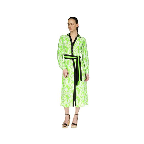 Michael Kors Womens Palm Printed Belted Midi Dress