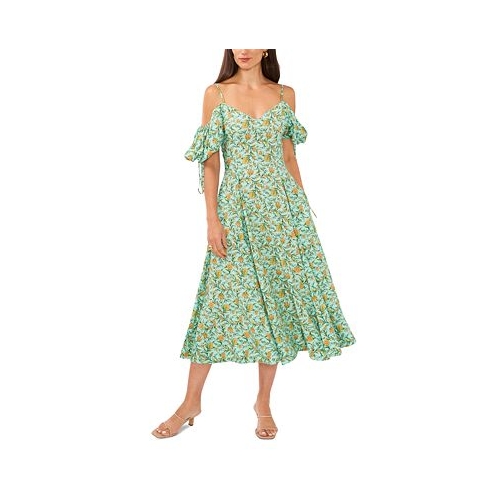 1.STATE Womens Floral Print Cold-Shoulder Puff Sleeve Midi Dress