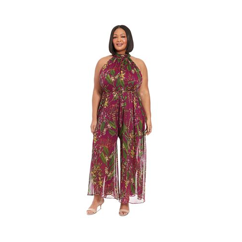 London Times Plus Size Halter-Neck Printed Jumpsuit