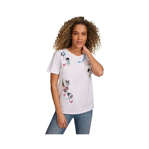 KARL LAGERFELD PARIS Womens Embroidered Motif T-Shirt