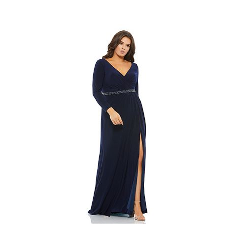 Mac Duggal Plus Size Beaded Belt Jersey Faux Wrap Long Sleeve Gown