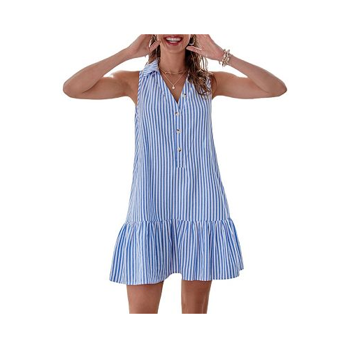 CUPSHE Womens Striped Collared Ruffled Mini Beach Dress