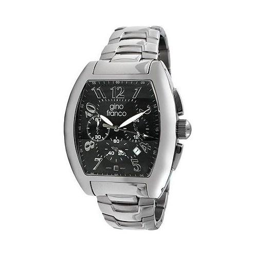 Gino Franco Mens Black Dial Barrel Shaped Watch with Stainless Steel Bracelet and Chronograph