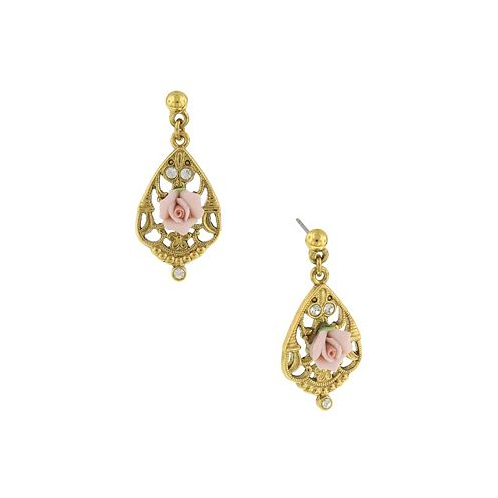2028 Gold-Tone Crystal and Pink Porcelain Rose Filigree Drop Earrings