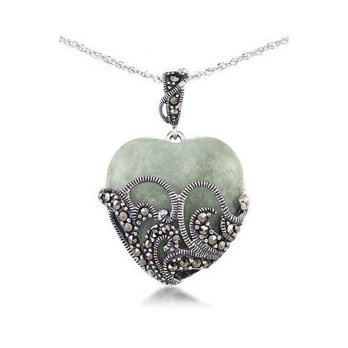 Macys Green Jade (24 x 24mm) & Marcasite Heart Pendant on 18 Chain in Sterling Silver