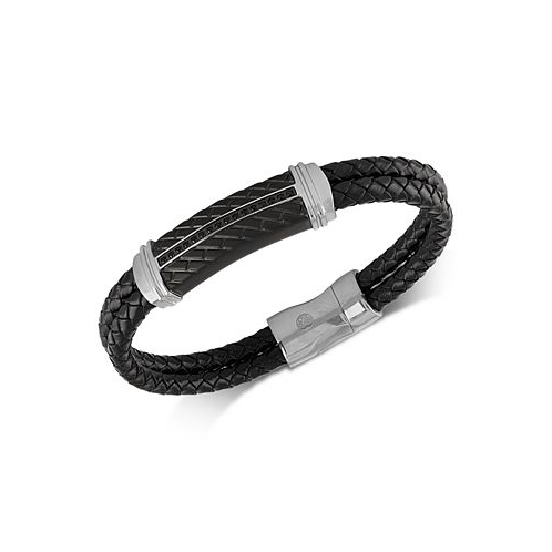 Esquire Mens Jewelry Diamond & Leather Bracelet in Stainless Steel & Black Ion-Plate