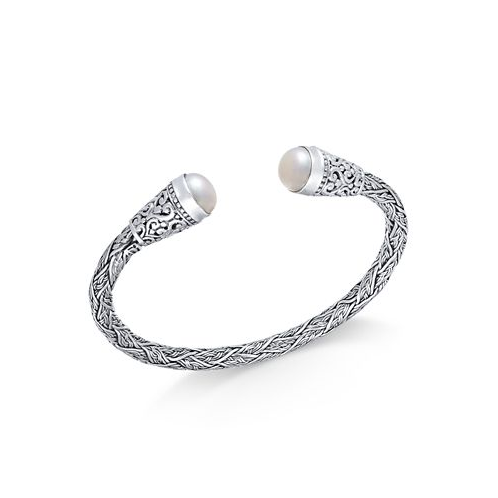 Macys Cultured Freshwater Pearl (10mm) Filigree Cuff Bangle Bracelet in Sterling Silver