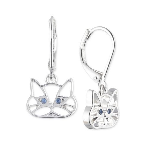Pet Friends Jewelry Silver-Tone Blue Crystal Cat Drop Earrings