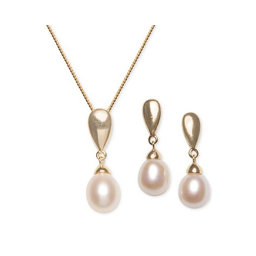 Macys 2-Pc. Set Cultured Freshwater Pearl (7 x 9mm) Pendant Necklace & Matching Drop Earrings in 18k Gold-Plated Sterling Silver