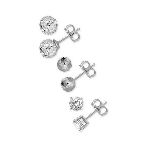 And Now This 3-Pc. Set Cubic Zirconia Hammered-Look and Crystal Ball Stud Earrings in Silver-Plate