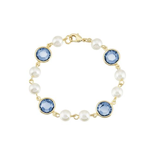 2028 Gold-Tone Imitation Pearl with Dark Blue Channels Link Bracelet