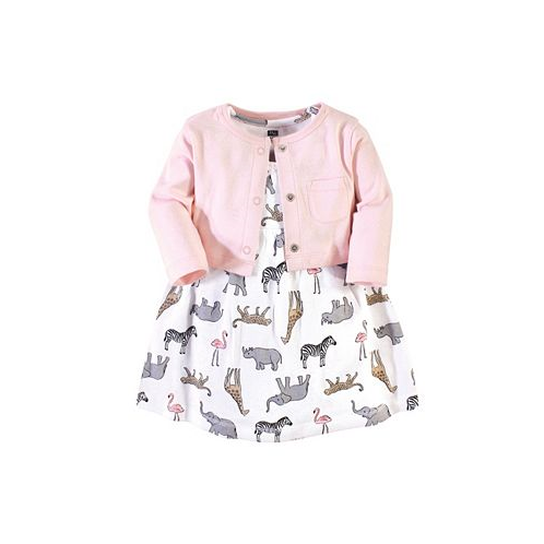Hudson Baby Infant Girl Cotton Dress and Cardigan 2pc Set Modern Pink Safari