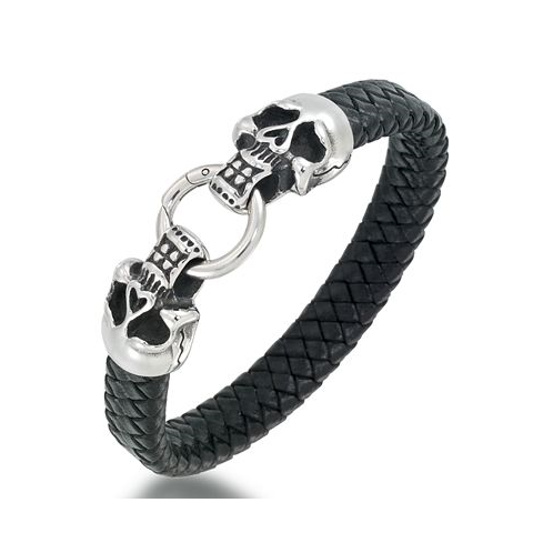 Andrew Charles by Andy Hilfiger Mens Leather Skull Head Bracelet in Stainless Steel