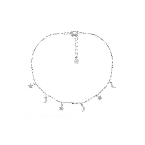 And Now This Clear Cubic Zirconia Moon & Star Anklet in Silver Plate