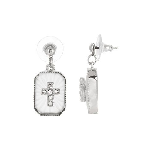 Symbols of Faith Silver-Tone Frosted Stone Crystal Cross Drop Earrings