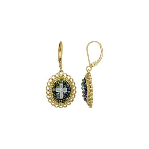 Symbols of Faith 14K Gold Dipped Carded Multi Color Beaded Crystal Cross Euro Wire Earring