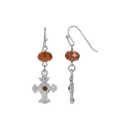 Symbols of Faith Silver-Tone Brown Crystal Cross Drop Earrings