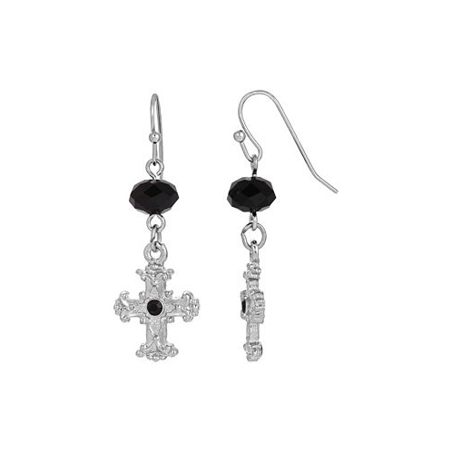 Symbols of Faith Silver-Tone Black Crystal Cross Drop Earrings