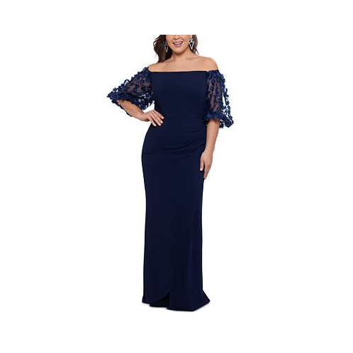 XSCAPE Plus Size Off-The-Shoulder Embellished-Sleeve Gown