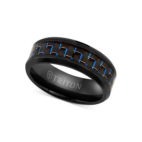 Triton Mens Blue Carbon Fiber Inlay Comfort Fit Band in Black Titanium