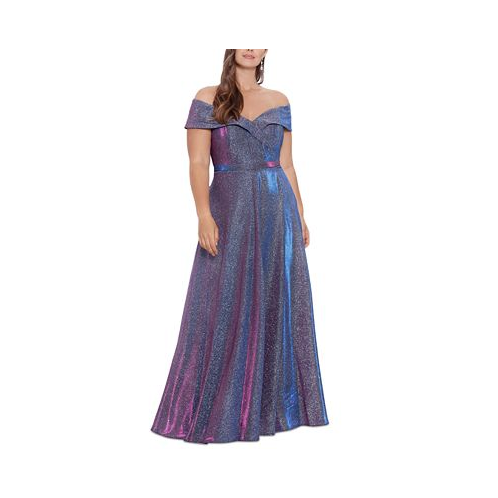 XSCAPE Plus Size Off-the-Shoulder Glitter Gown