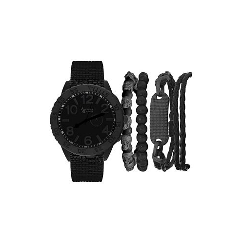 American Exchange Mens Quartz Dial Black Fabric Strap Watch and Assorted Black Stackable Bracelets Gift Set Set of 5