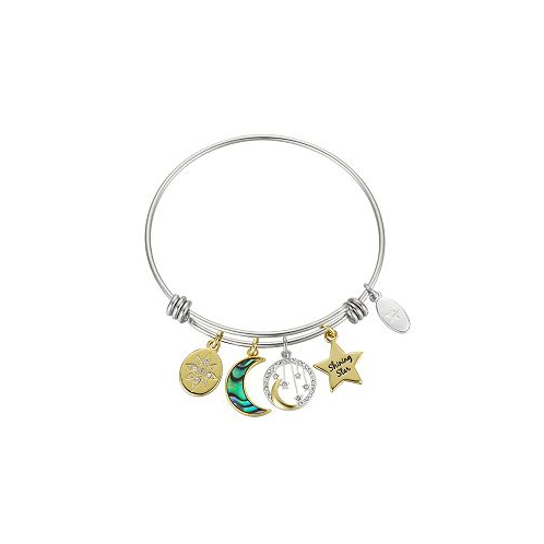Unwritten Two-Tone Abalone Crystal Shining Star Stainless Steel Adjustable Bangle