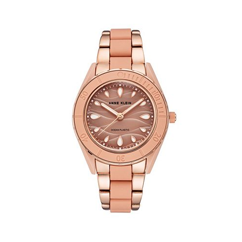 Anne Klein Womens Rose Gold-Tone and Light Pink Solar Ocean Work Plastic Bracelet Watch 38.5mm