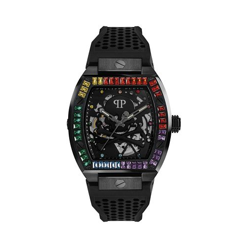 Philipp Plein Mens Automatic The $keleton Rainbow Crystal and Black Silicone Strap Watch 44mm