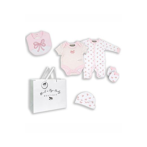 Rock-A-Bye Baby Boutique Baby Girls Bow Layette Gift in Mesh Bag 5 Piece Set