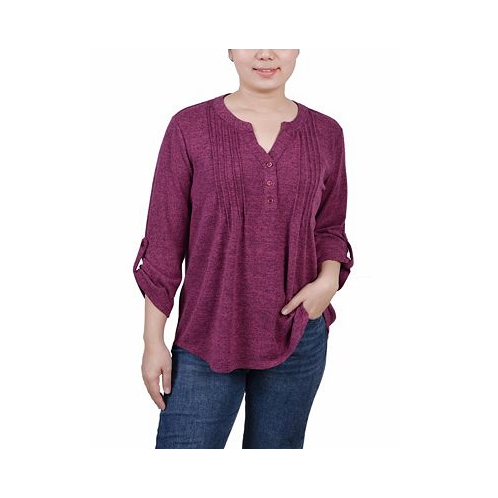 NY Collection Womens 3/4 Roll Tab Sleeve Y-Neck Top