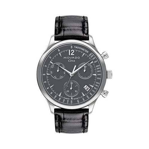Movado Mens Heritage Circa Swiss Quartz Chronograph Black Genuine Leather Strap Watch 43mm
