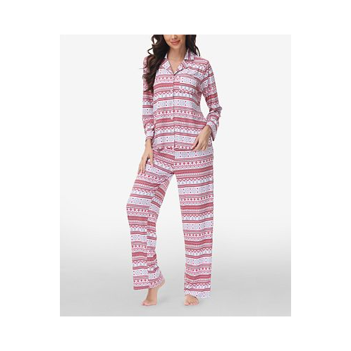 Beautyrest Womens Printed Long Sleeve Notch-Collar Pajama Set 2 Piece