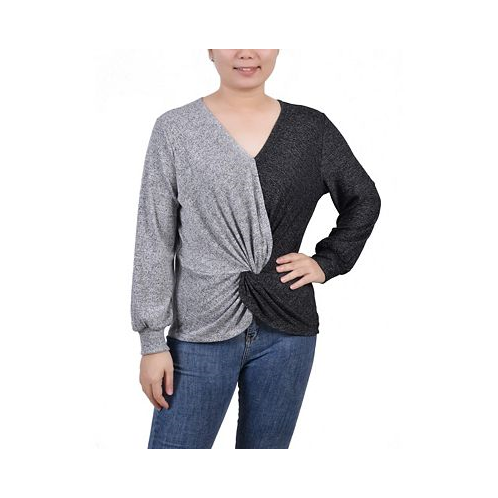 NY Collection Petite Long Sleeve Twist Front Colorblocked Top