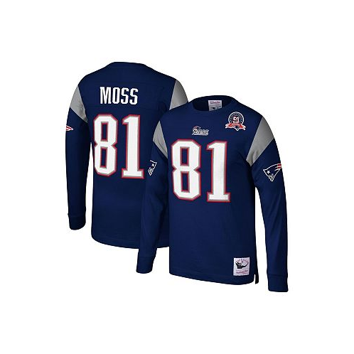 Mitchell & Ness Mens Randy Moss Navy New England Patriots Retired Player Name and Number Long Sleeve Top