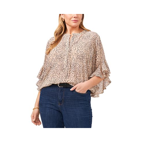 Vince Camuto Plus Size Cheetah Print Flutter-Sleeve Pintucked Henley Blouse