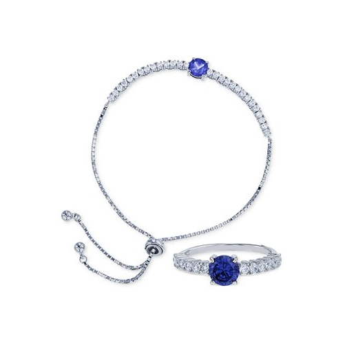 Macys 2-Pc. Set Blue & White Cubic Zirconia Ring & Bolo Bracelet in Sterling Silver