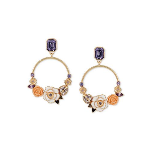 GUESS Gold-Tone Mixed Color Stone Flower Front-Facing Drop Hoop Earrings