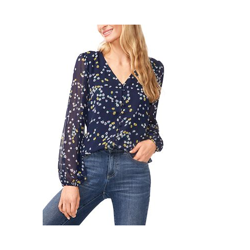 CeCe Womens Floral-Print V-Neck Button-Front Blouse