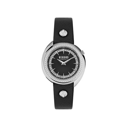 Versus Versace Womens Tortona Crystal 2 Hand Quartz Black Genuine Leather Watch 38mm