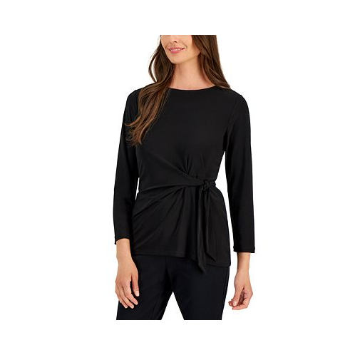 Kasper Womens Tie-Front Ruched Long-Sleeve Top