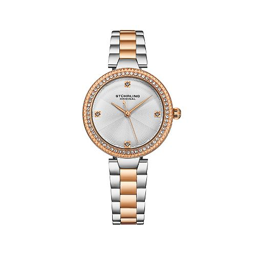 Stuhrling Womens Quartz Crystal Studded Rose Case Silver Dial Rose Hands and Markers Two Tone rose link bracelet Watch